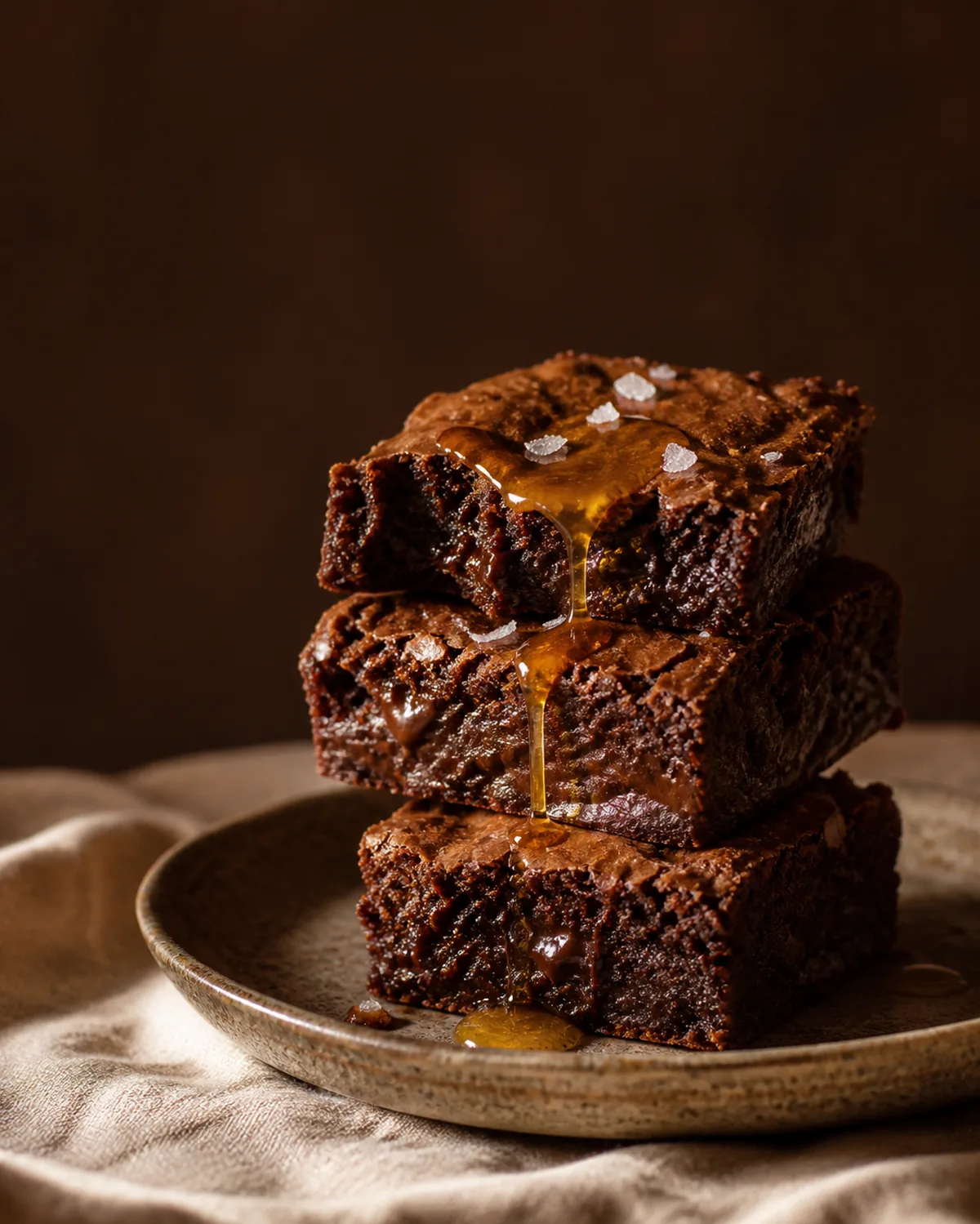 Três brownies artesanais com chocolate derretido, fio de mel e flor de sal